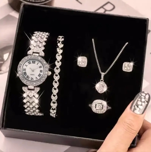 Jewelry - 6pc Rhinestone Watch and Jewelry Set in Silver